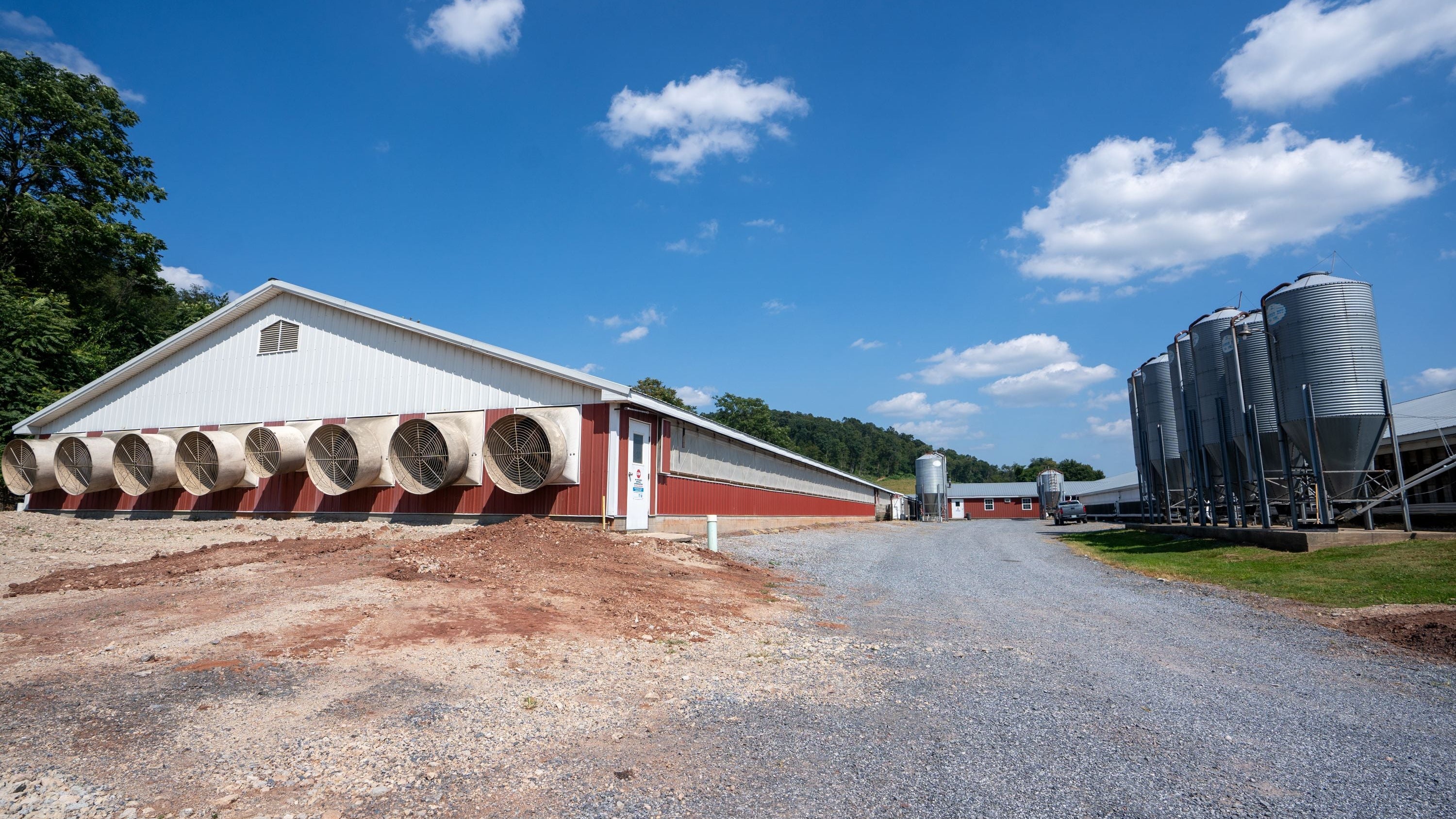 Farm building with silos under a clear blue sky