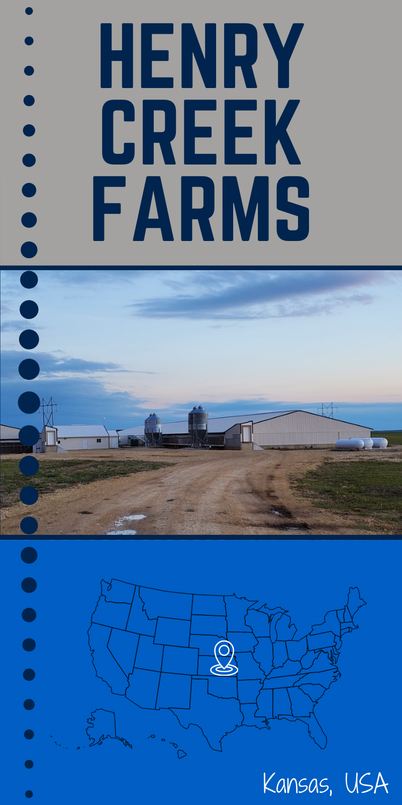 Advertisement for Henry Creek Farms in Kansas, USA, featuring a dirt road and farm buildings.