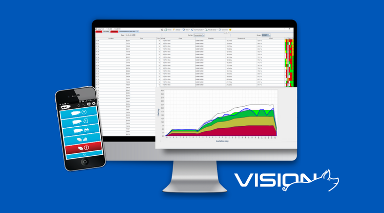 Computer monitor and smartphone displaying software interfaces with VISION logo